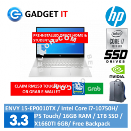 HP ENVY 15-EP0010TX LAPTOP (I7-10750H,16GB,1TB SSD,15.6" FHD, TOUCH ,GTX1660TI 6GB,WIN10) FREE BACKPACK + OPI