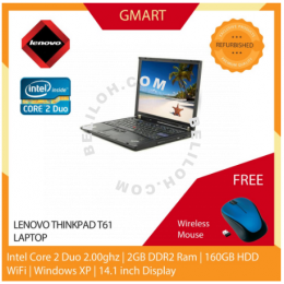  Share:  Favorite (15) Lenovo Thinkpad T61 Laptop / 14.1 inch LCD / Intel Core 2 Duo / 2GB DDR2 Ram / 160GB SATA HDD / WiFi / Windows XP